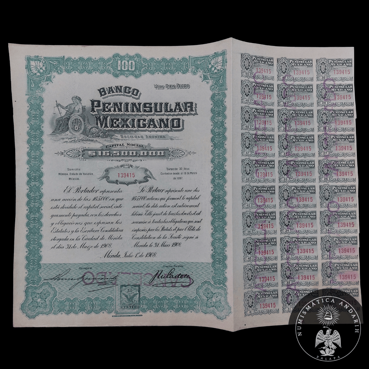 Acción Antigua del Banco Peninsular Mexicano Merida, Yucatan año 1908