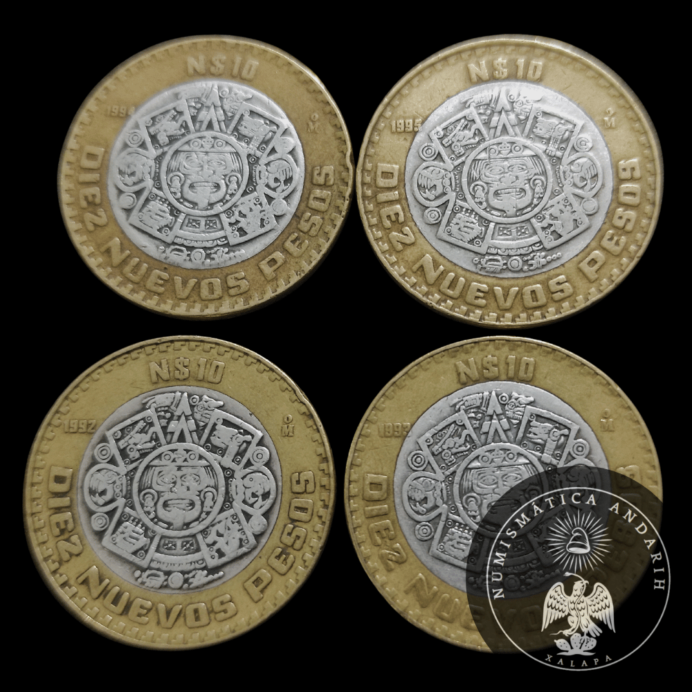 Coleccion Completa 10 Nuevos Pesos Mexico 1992-1995 Centro Plata Ley .0925