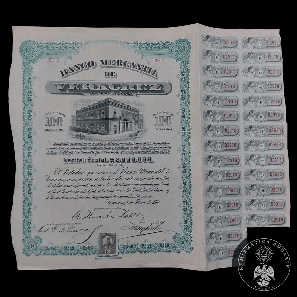 Acción Antigua del Banco Mercantil de Veracruz año 1910