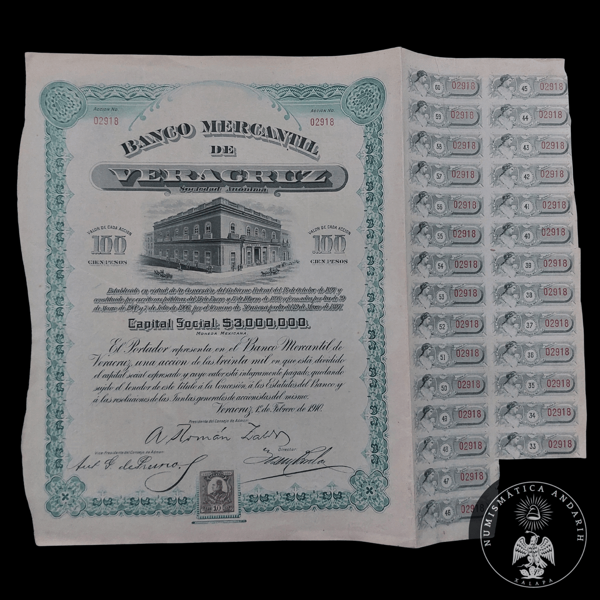 Acción Antigua del Banco Mercantil de Veracruz año 1910