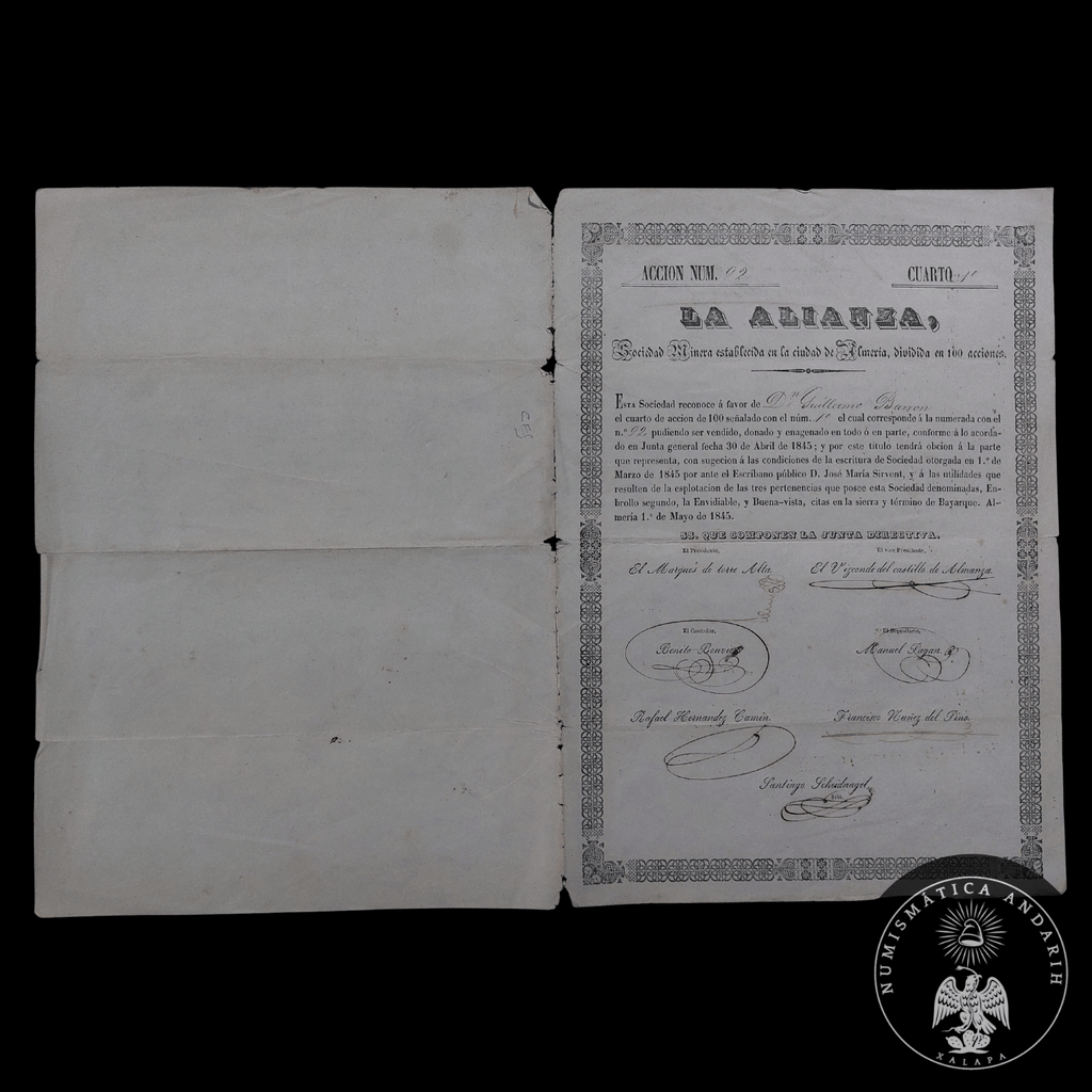 Acción Antigua de la Sociedad Minera "La Alianza" (Almería) año 1845