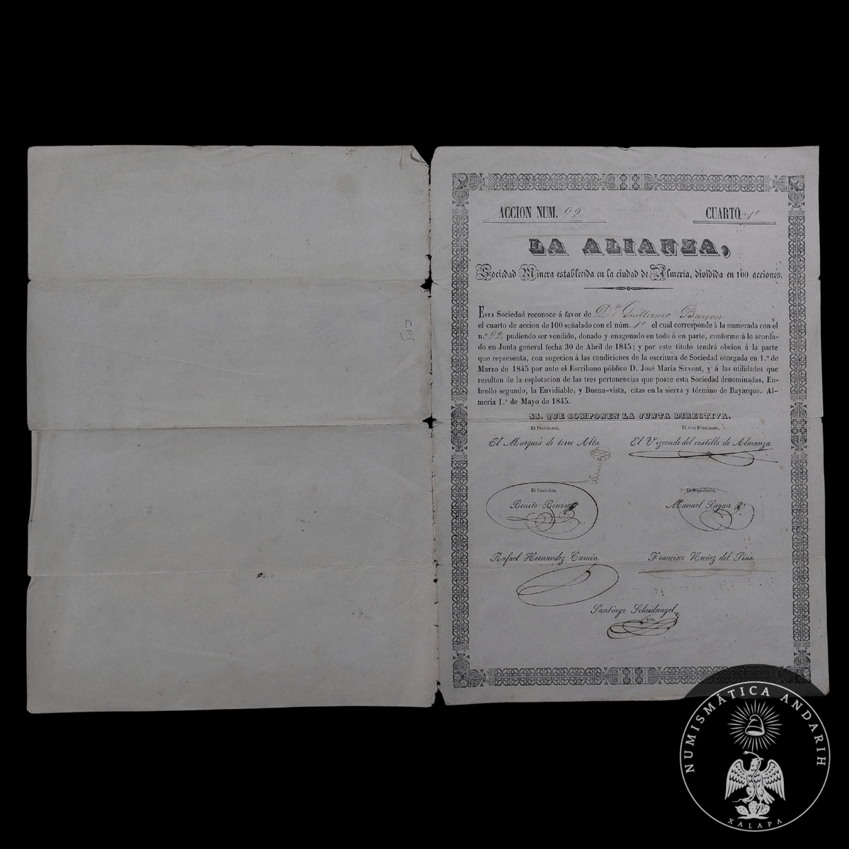 Acción Antigua de la Sociedad Minera "La Alianza" (Almería) año 1845