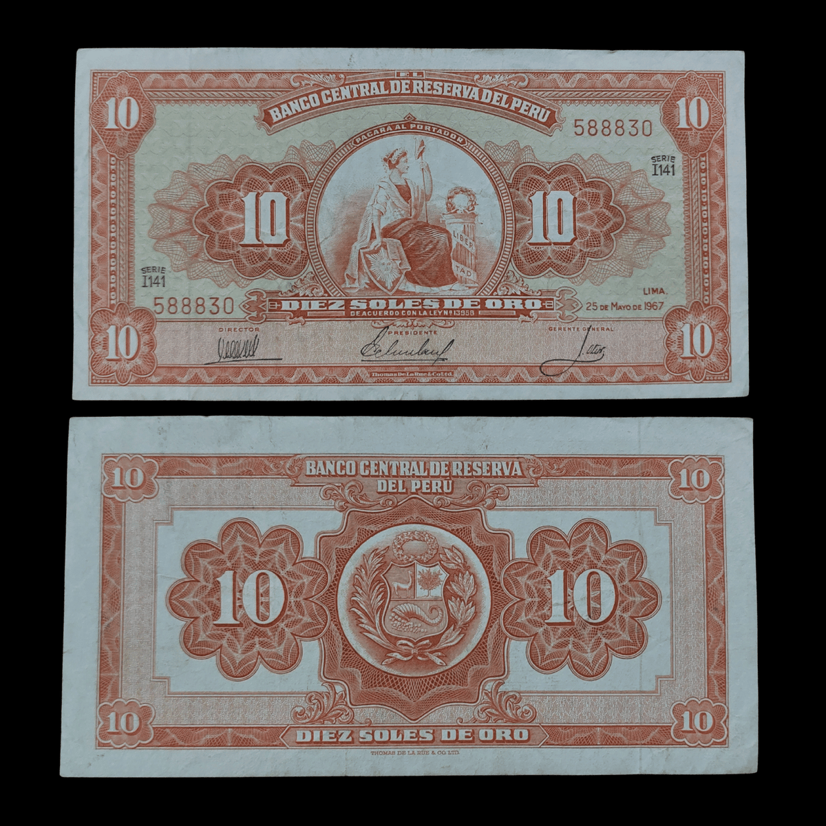 Billete Perú 10 Soles de Oro Año 1967 (Alegoría de la Libertad / Thomas De La Rue)