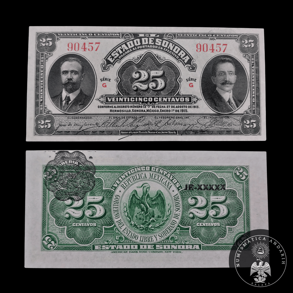 Billete 25 Centavos del Estado de Sonora 1915 Sin Circular UNC