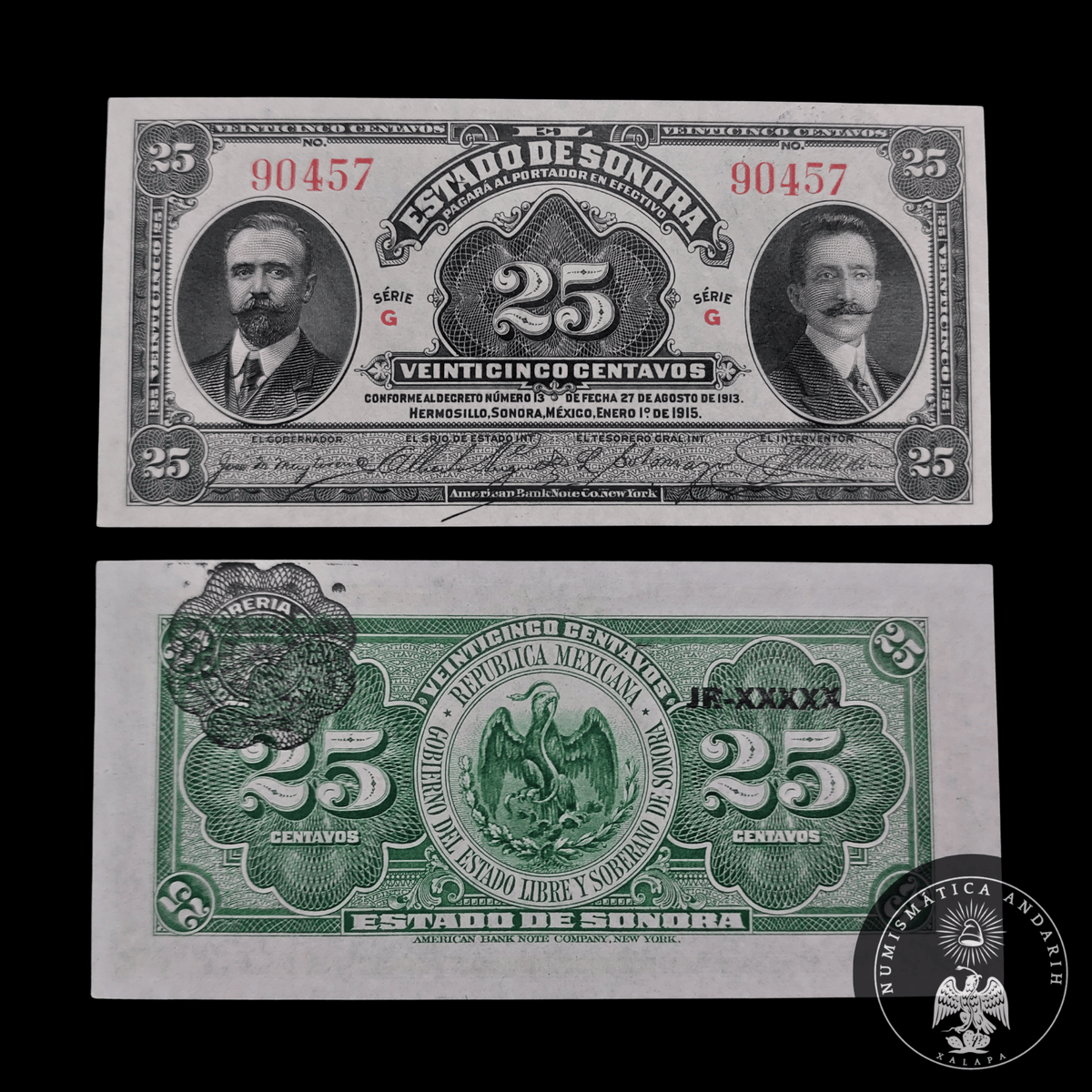 Billete 25 Centavos del Estado de Sonora 1915 Sin Circular UNC