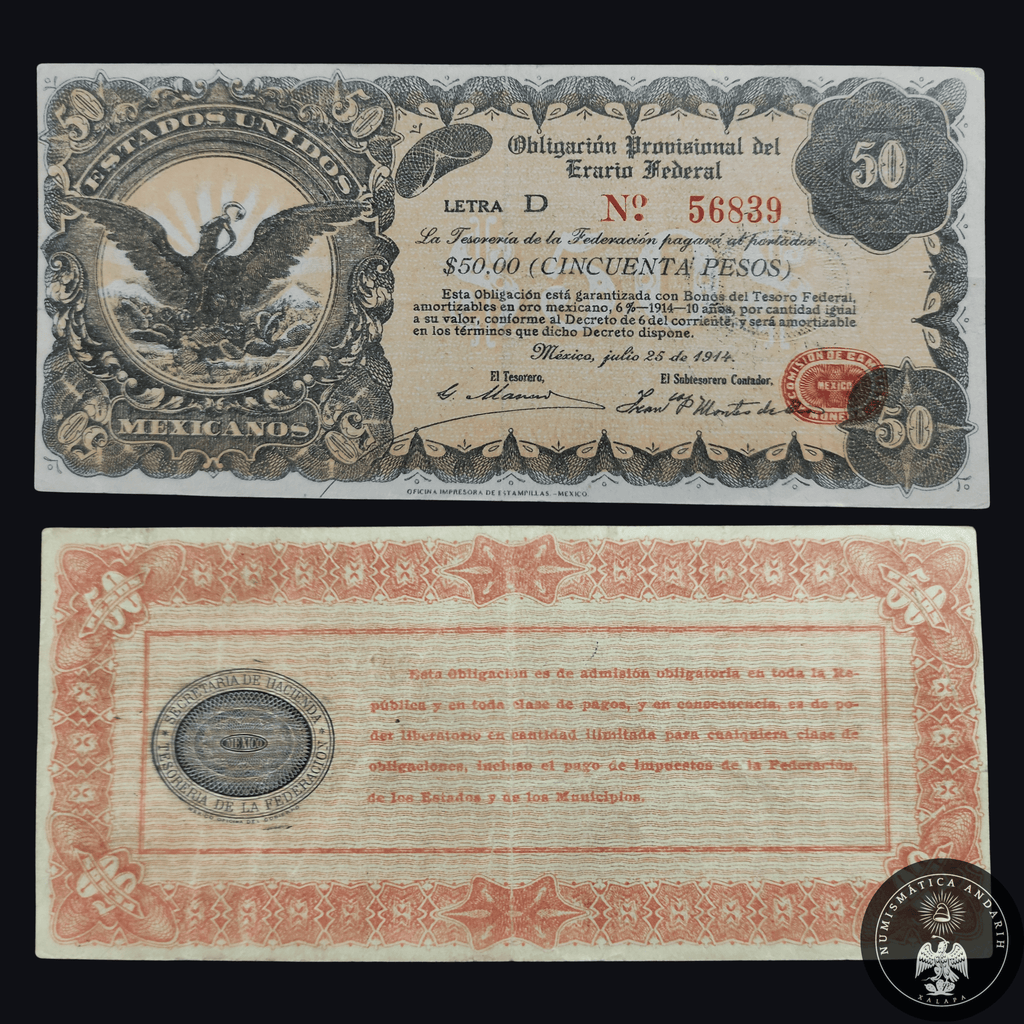 Billete 50 Cincuenta Pesos Obligación Provisional del Erario Federal 1914