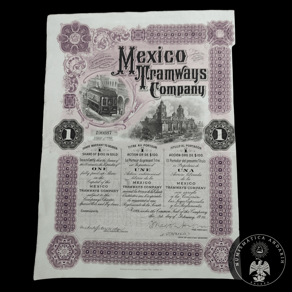 Acción Antigua de la Mexico Tramways Company – 100 Dólares Oro año 1916
