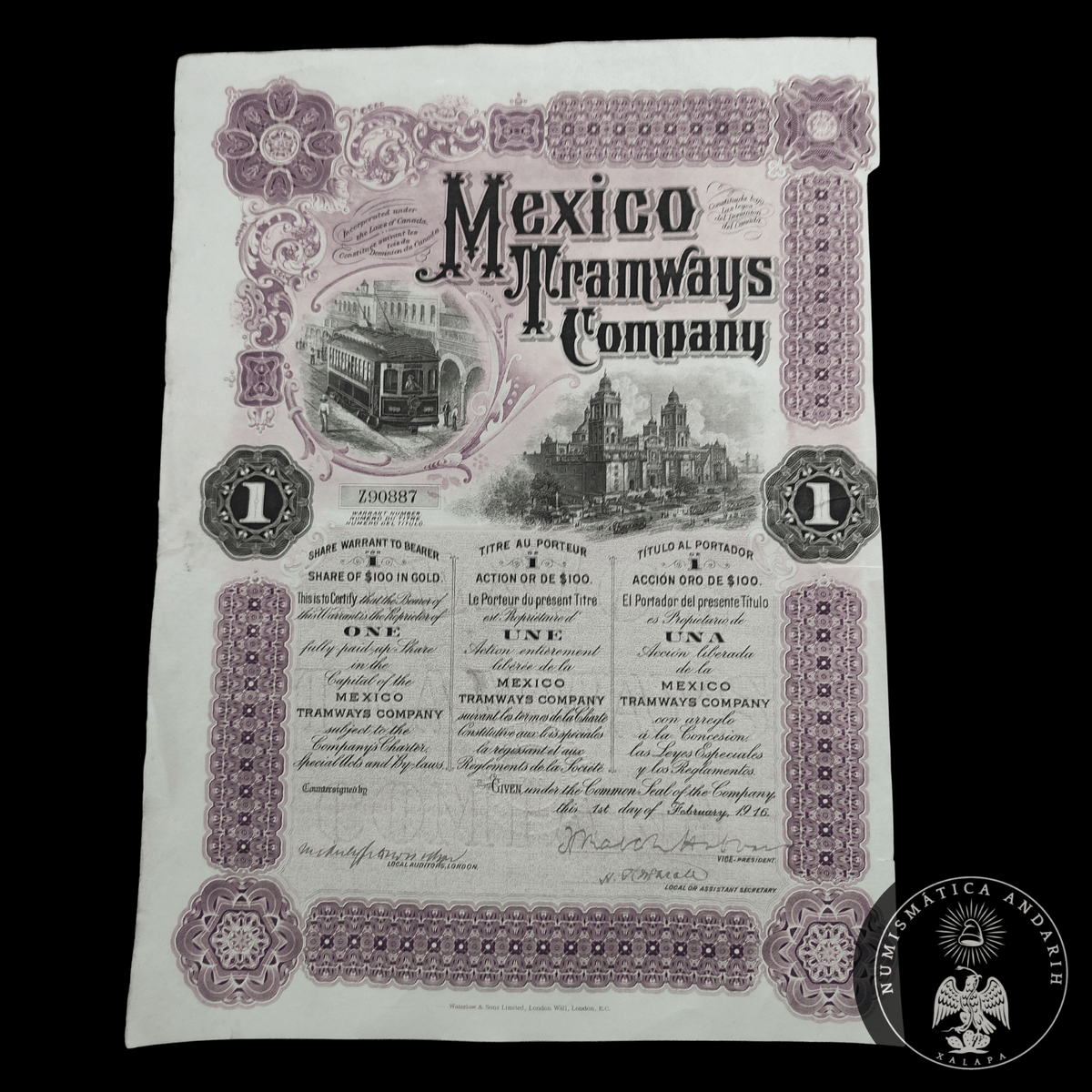 Acción Antigua de la Mexico Tramways Company – 100 Dólares Oro año 1916