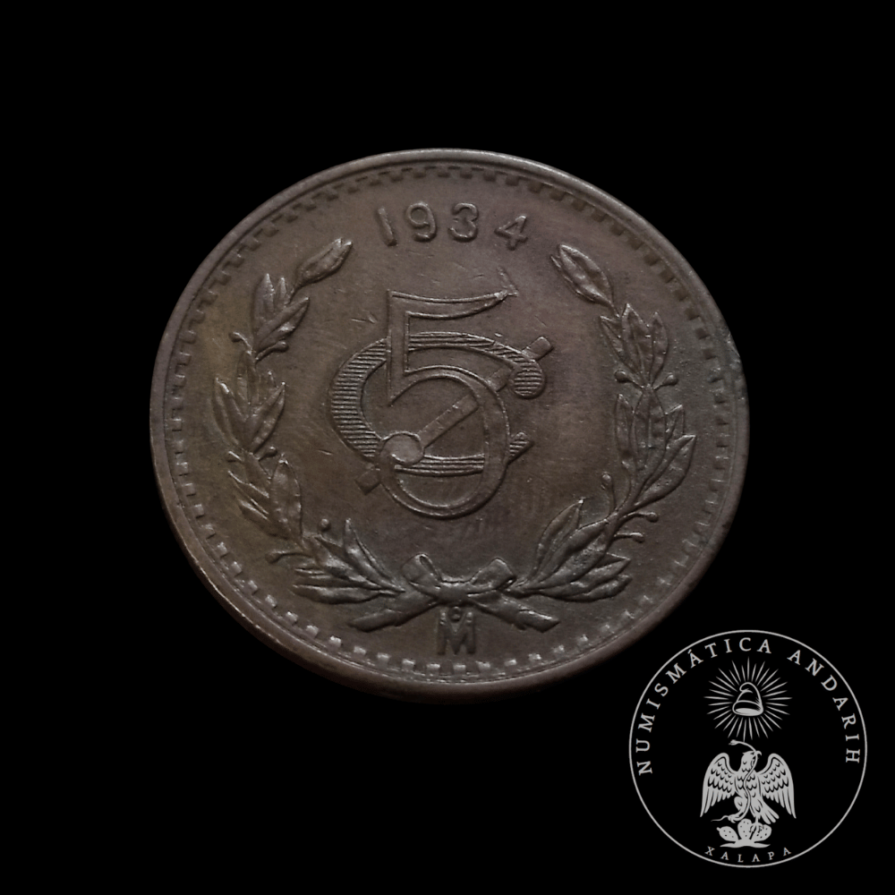 Moneda Antigua 5 Centavos Monograma Mexico 1934
