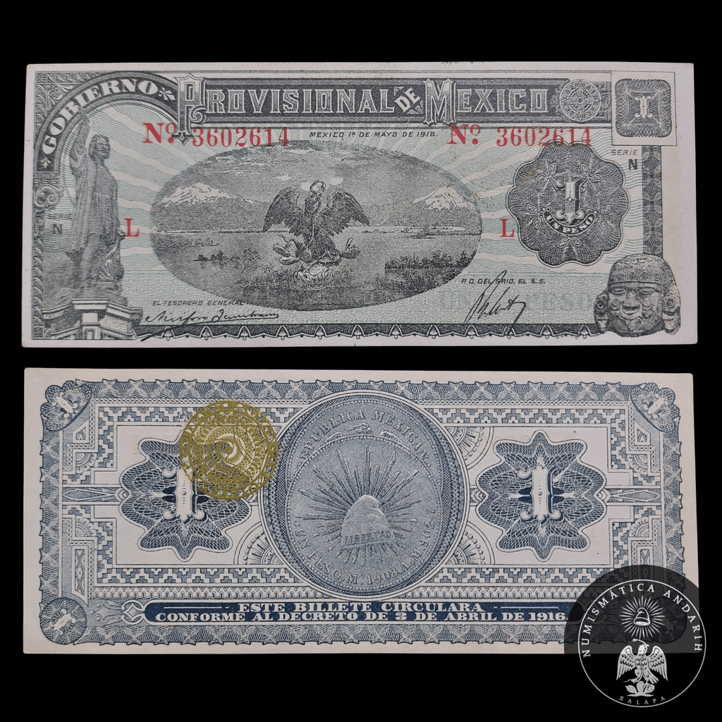 Billete 1 Peso Gobierno Provisional de México 1916 Sin Circular UNC