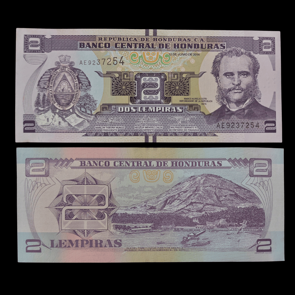 Título: Billete Honduras 2 Lempiras Año 2014 (Marco Aurelio Soto/ UNC)