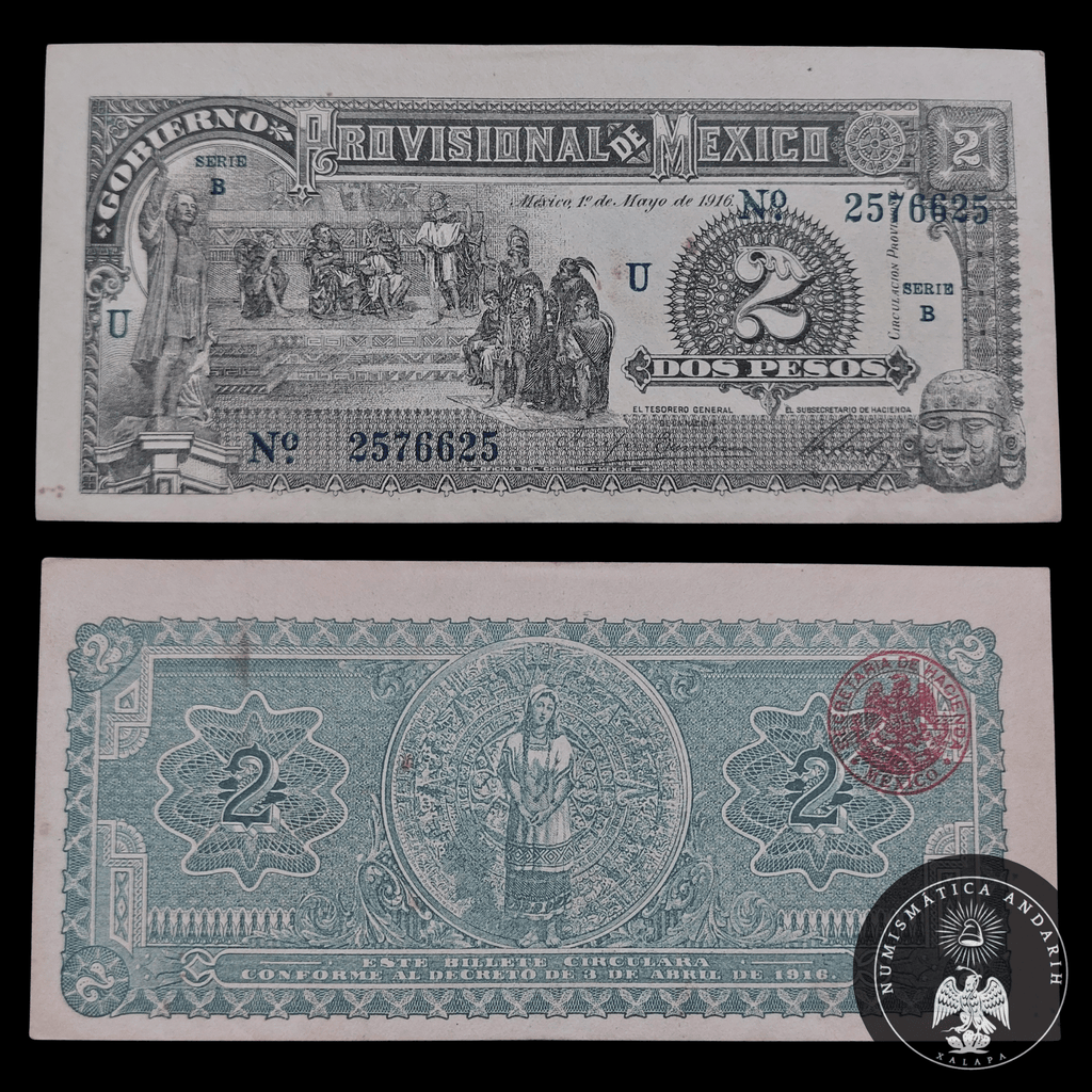 Billete 2 Pesos Gobierno Provisional de México 1916 Sin Circular UNC