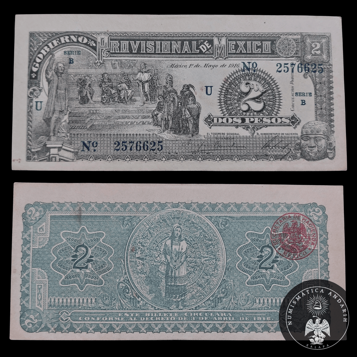 Billete 2 Pesos Gobierno Provisional de México 1916 Sin Circular UNC