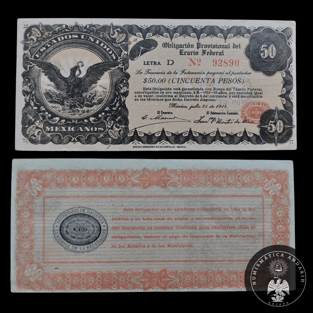 Billete 50 Pesos Obligación del Erario Federal 1914 Casi sin Circular AU