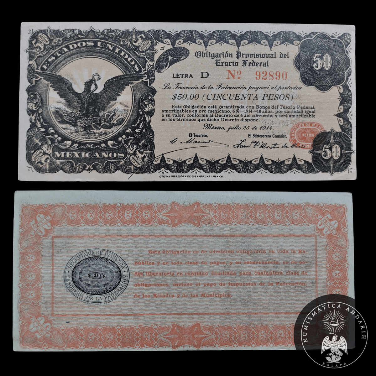Billete 50 Pesos Obligación del Erario Federal 1914 Casi sin Circular AU