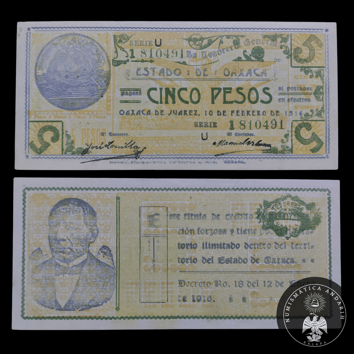 Billete 5 Pesos del Estado de Oaxaca 1916 Sin Circular UNC