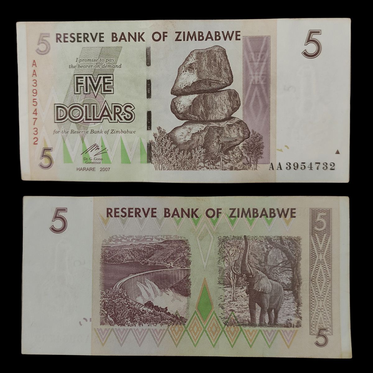 Billete Zimbabue 5 Dólares Año 2007- UNC