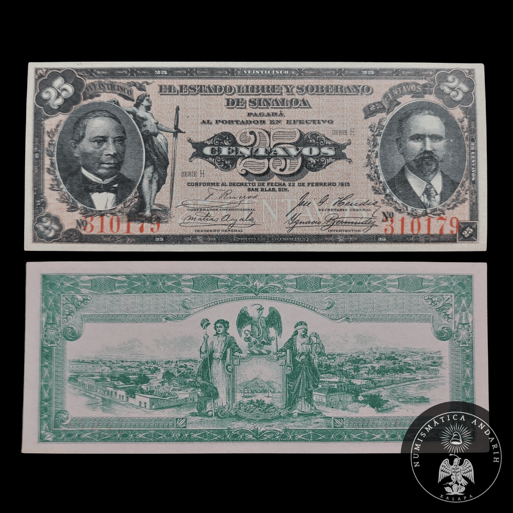 Billete 25 Centavos del Estado de Sinaloa 1913 Sin Circular UNC