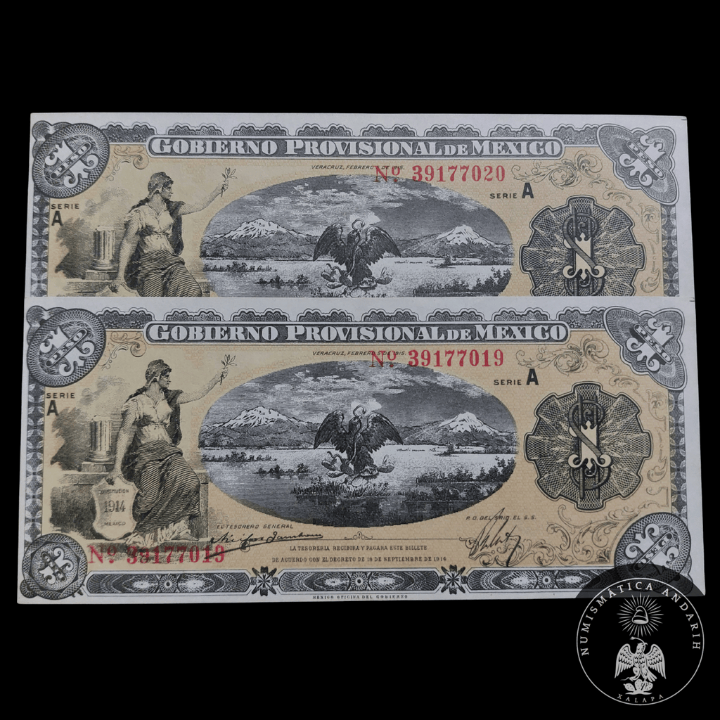 Par Consecutivo Billetes 1 Peso Gobierno Provisional Veracruz 1915 Sin Circular UNC