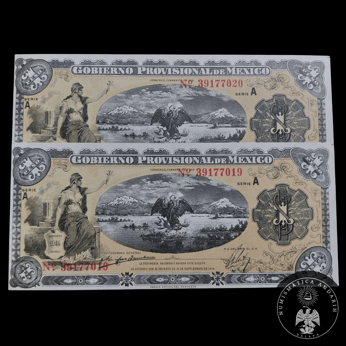 Par Consecutivo Billetes 1 Peso Gobierno Provisional Veracruz 1915 Sin Circular UNC
