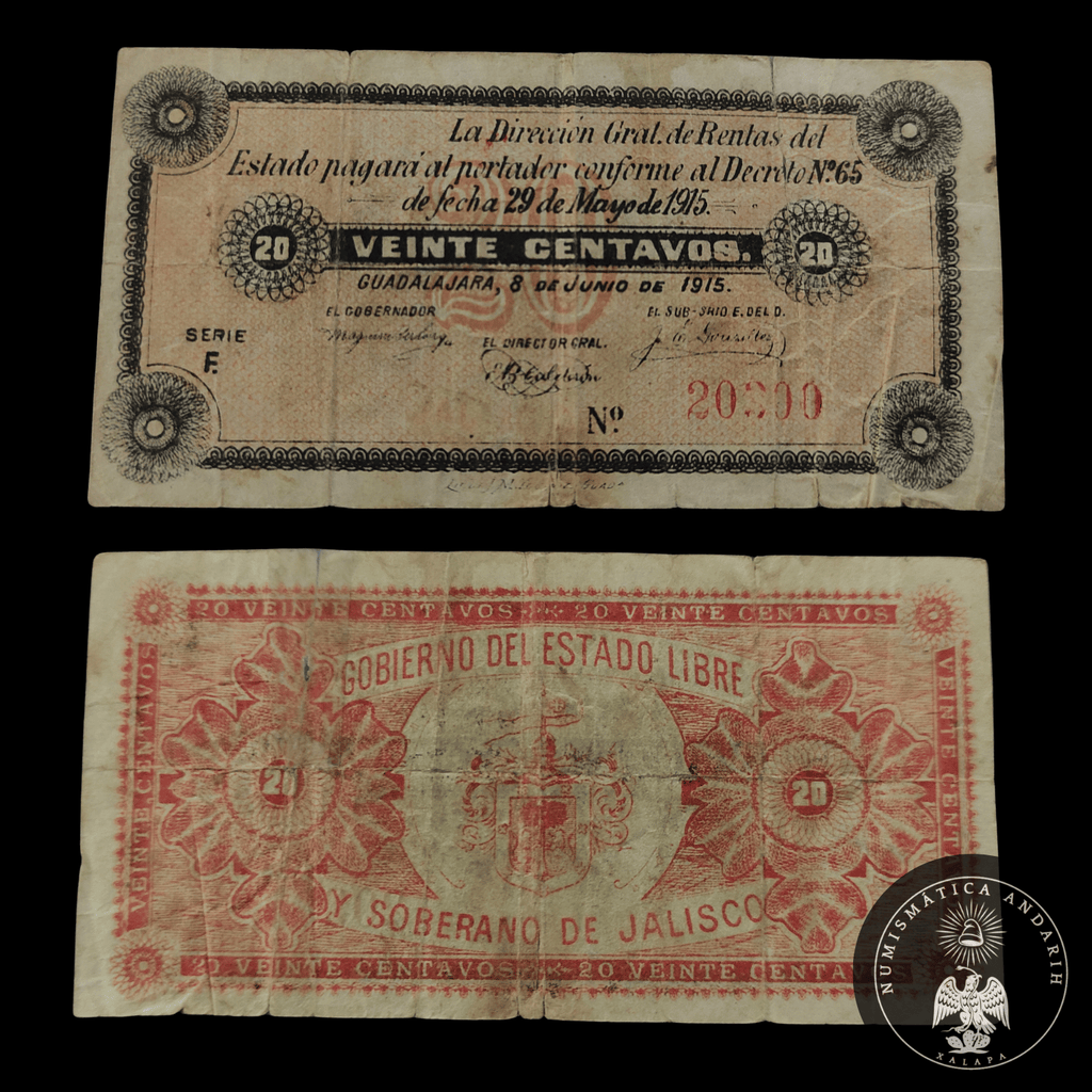 Billete Dirección Gral. de Rentas del Estado Jalisco Veinte Centavos Guadalajara 1915