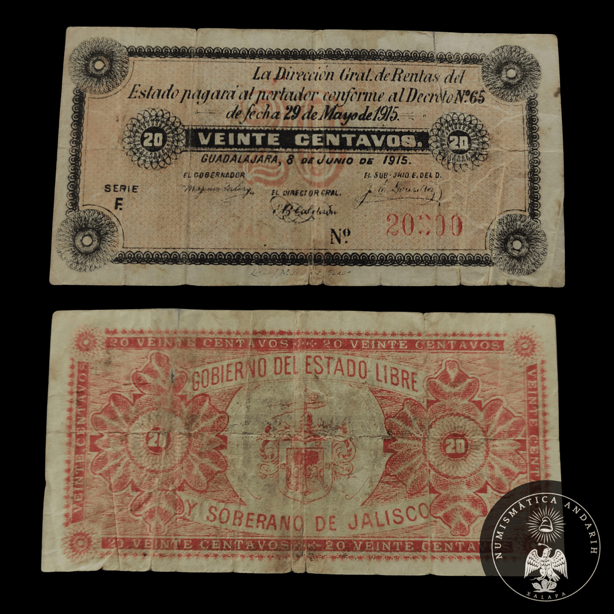 Billete Dirección Gral. de Rentas del Estado Jalisco Veinte Centavos Guadalajara 1915