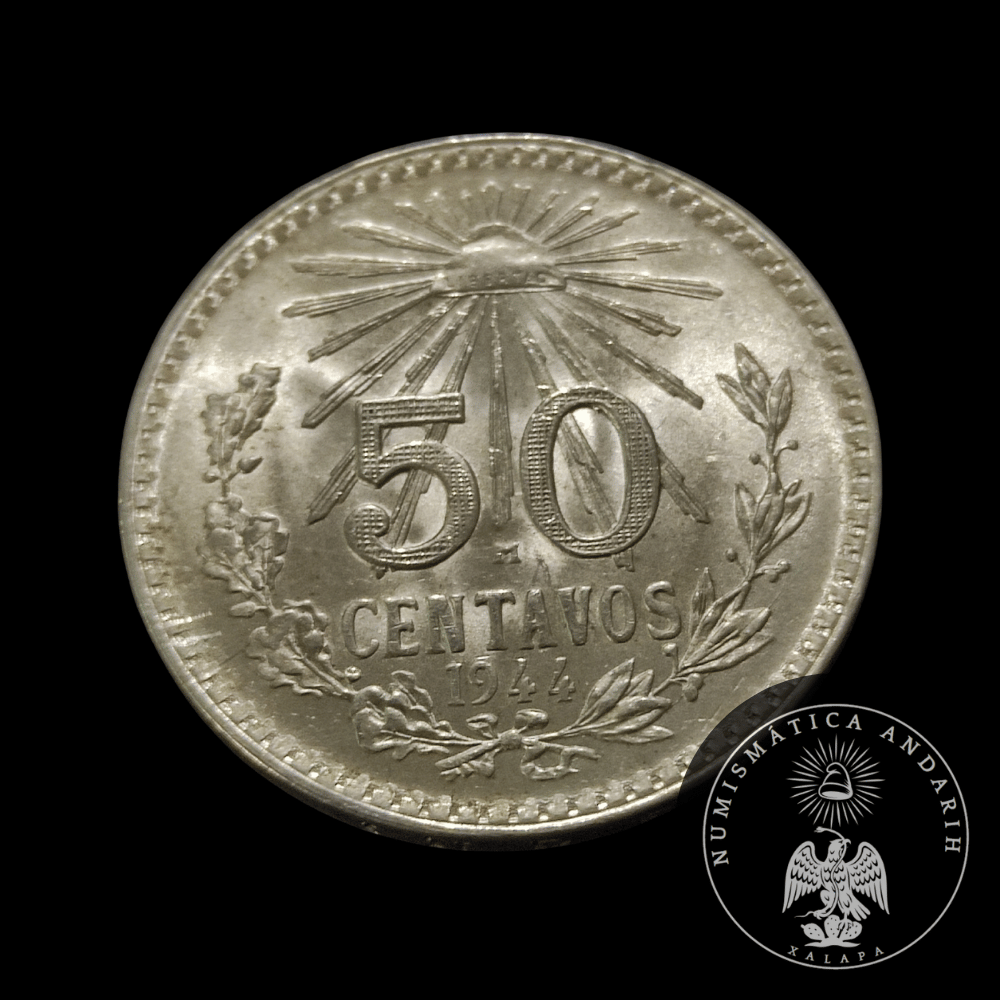 Moneda Plata 50 Centavos Gorro Frigio Mexico 1944 Ley .720