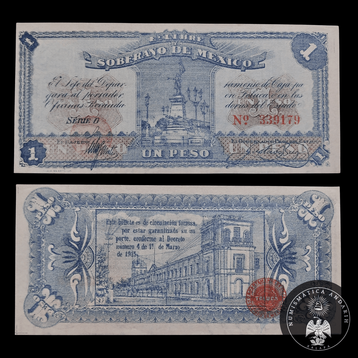 Billete 1 Peso Estado Libre y Soberano de México Toluca 1915 Sin Circular UNC