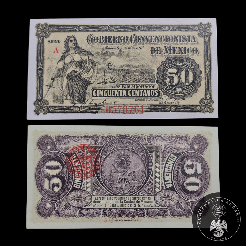 Billete 50 Centavos Gobierno Convencionista de México Toluca 1915 Sin Circular UNC