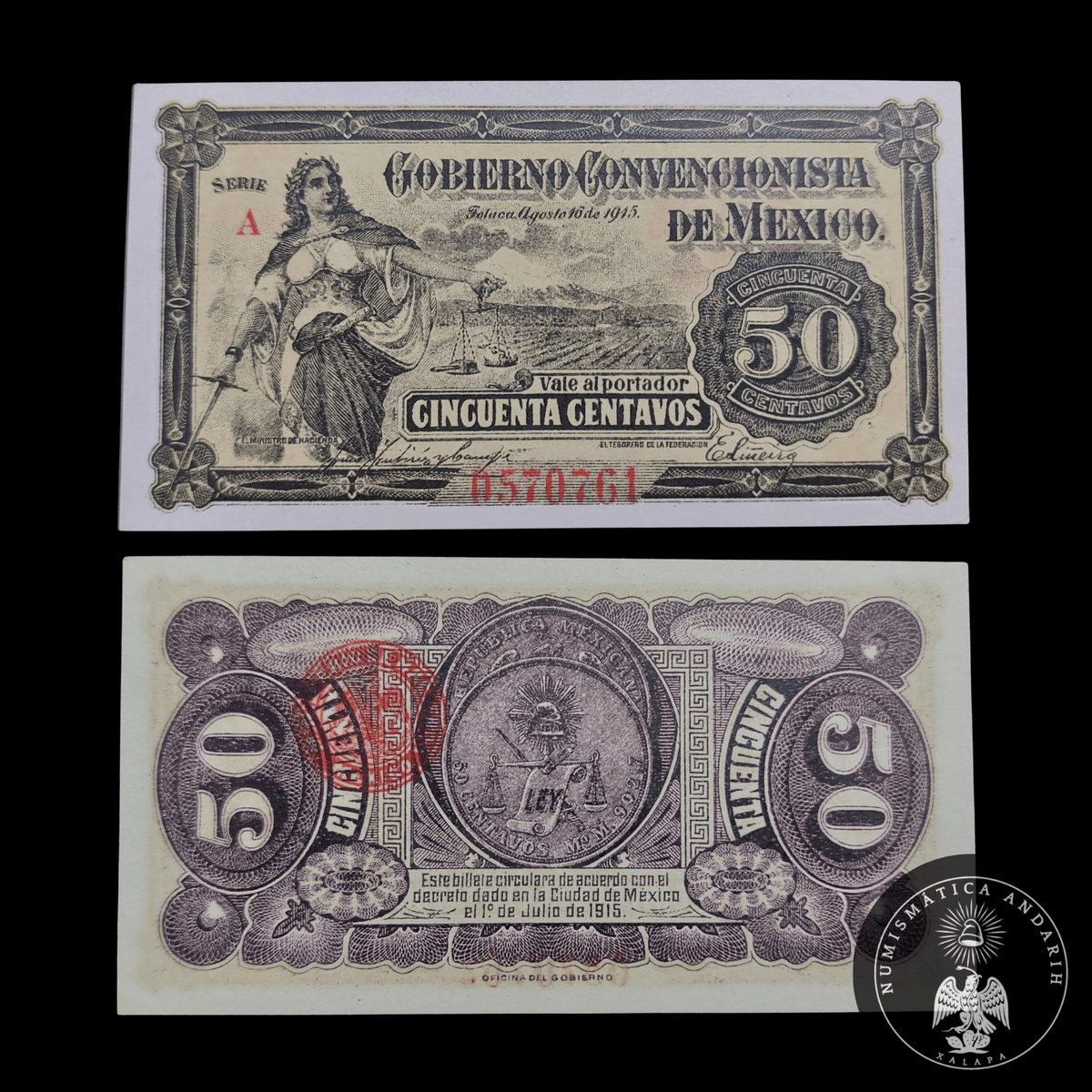 Billete 50 Centavos Gobierno Convencionista de México Toluca 1915 Sin Circular UNC