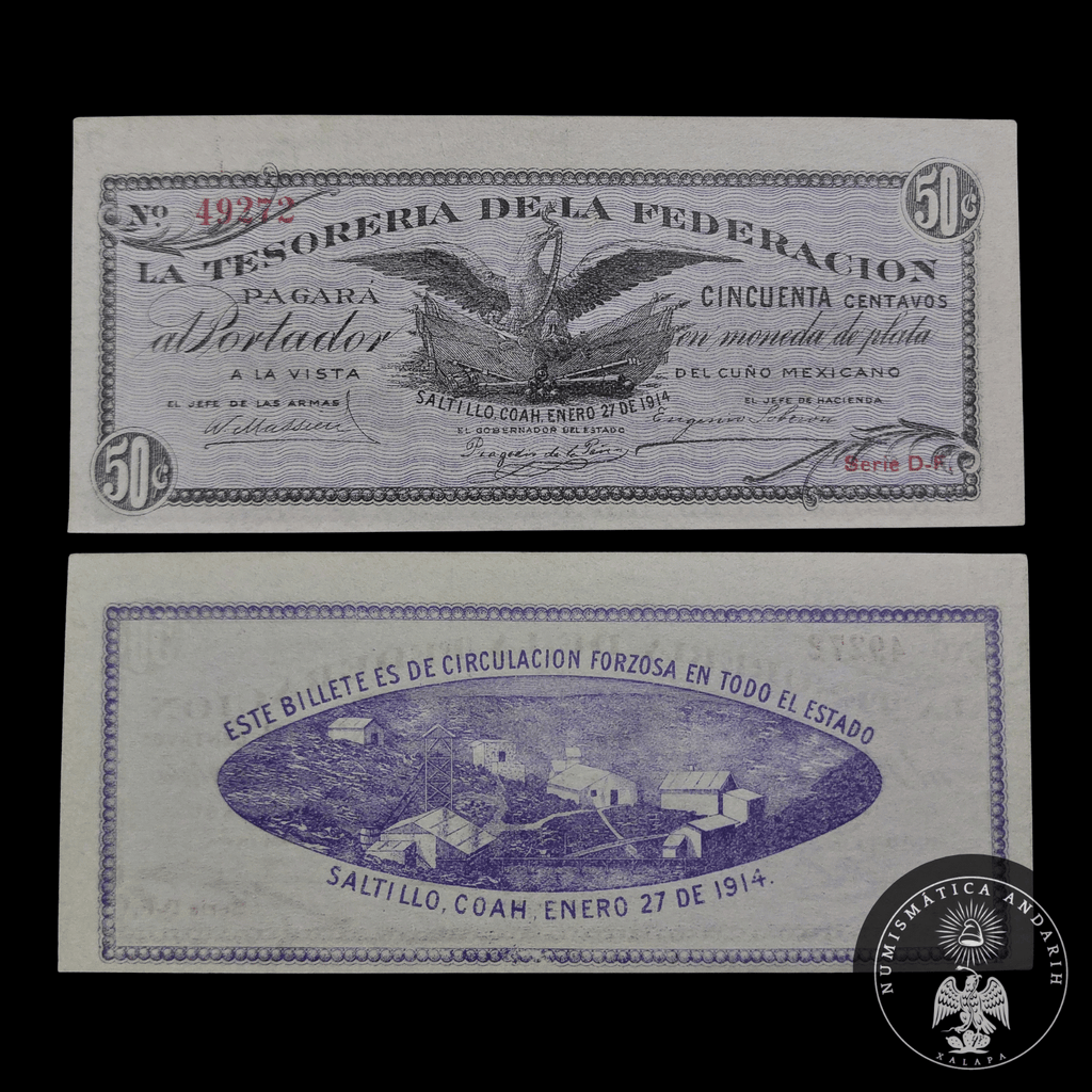 Billete 50 Centavos Tesorería de la Federación (Saltillo, Coahuila 1914) Sin Circular UNC