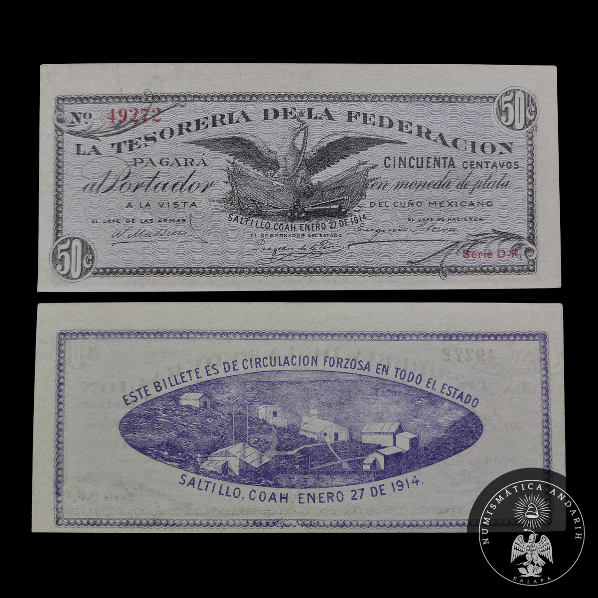 Billete 50 Centavos Tesorería de la Federación (Saltillo, Coahuila 1914) Sin Circular UNC