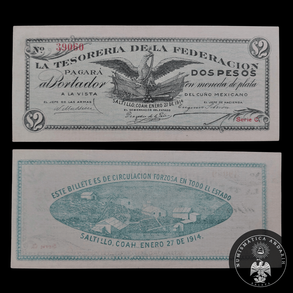 Billete 2 Pesos Tesorería de la Federación (Saltillo, Coahuila 1914) Sin Circular UNC