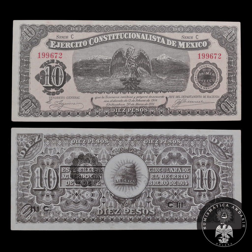 Billete 10 Pesos Ejército Constitucionalista de México (Chihuahua 1914) Casi Sin Circular AU