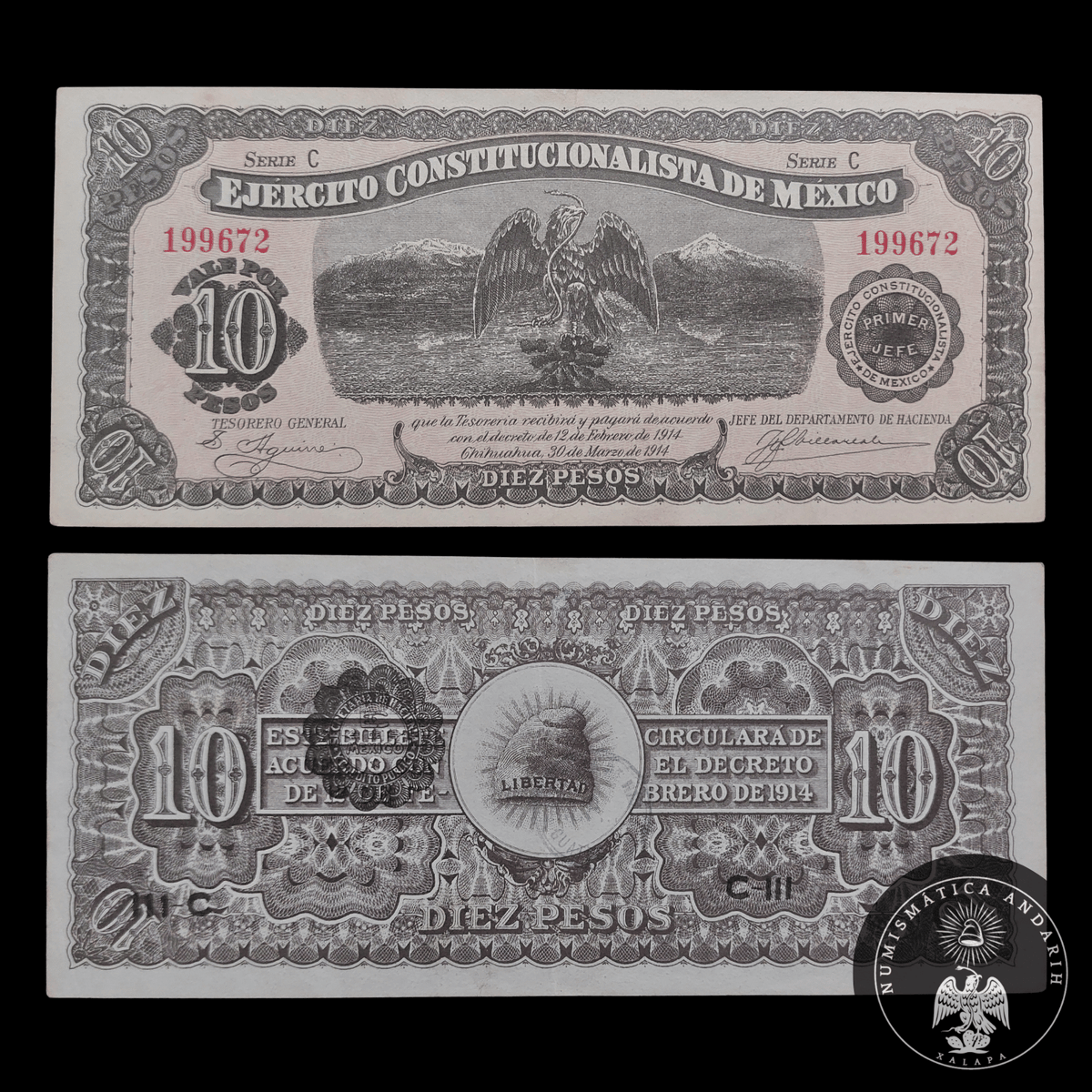 Billete 10 Pesos Ejército Constitucionalista de México (Chihuahua 1914) Casi Sin Circular AU