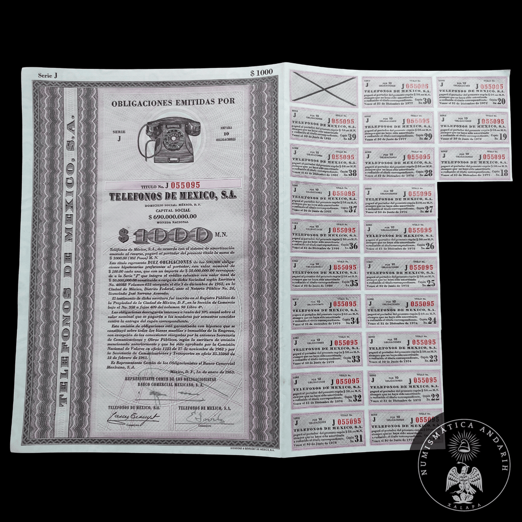 Título Antiguo de Teléfonos de México, S.A. (Telmex) – 1000 Pesos año 1963