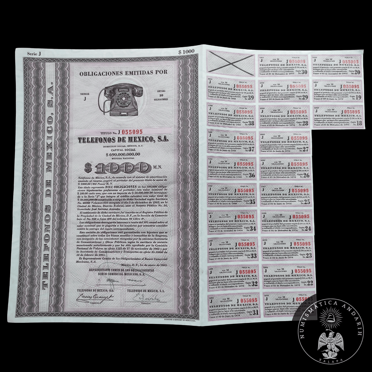Título Antiguo de Teléfonos de México, S.A. (Telmex) – 1000 Pesos año 1963