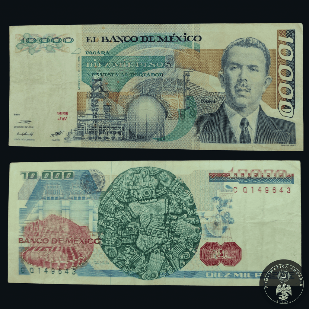Billete 10000 Diez Mil Pesos Banco de México Lázaro Cárdenas Verde 1985
