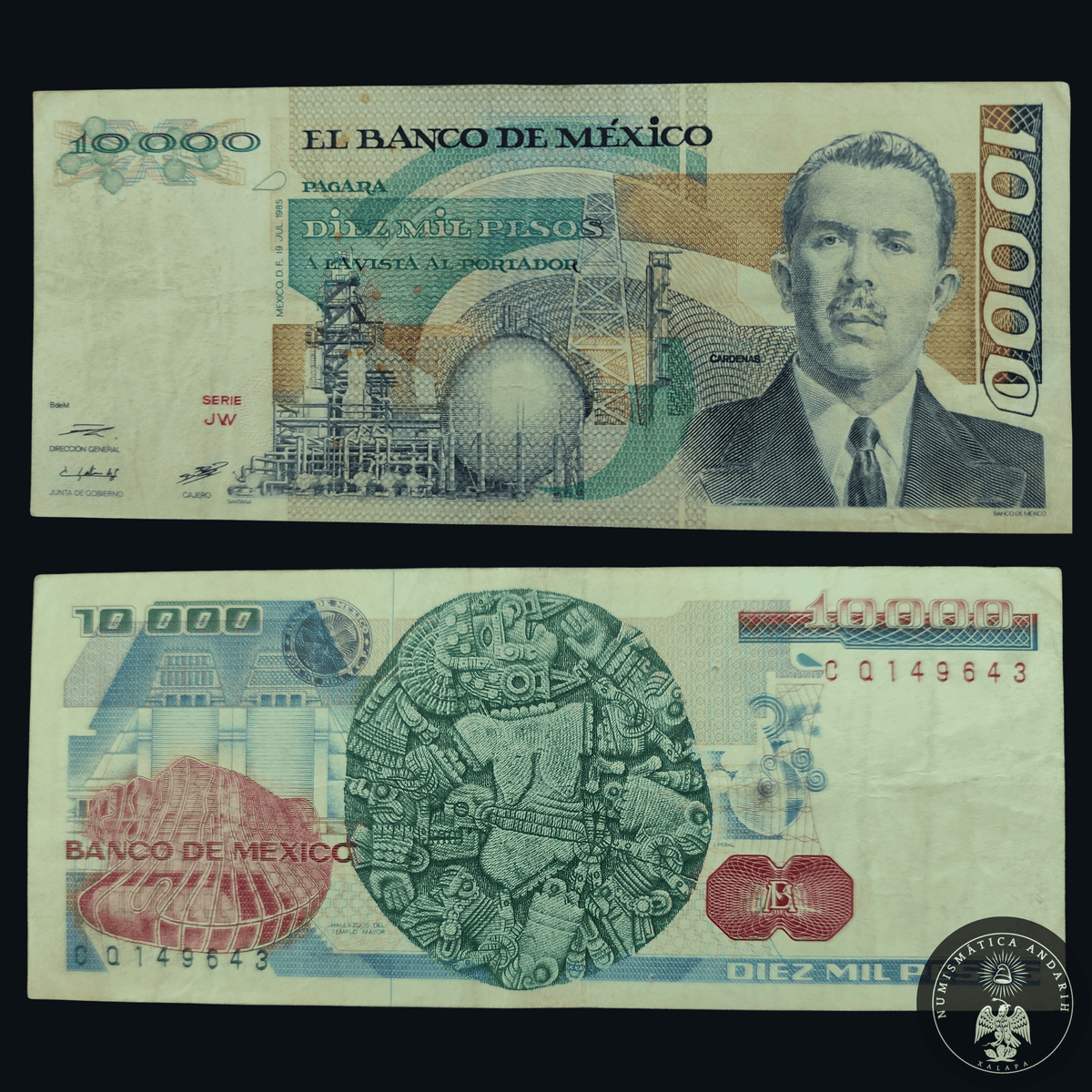 Billete 10000 Diez Mil Pesos Banco de México Lázaro Cárdenas Verde 1985