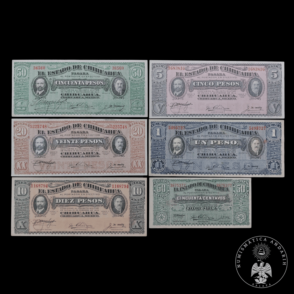 Colección Serie Completa Billetes de Chihuahua "Sábanas de Villa" (1914-1915) UNC / AU