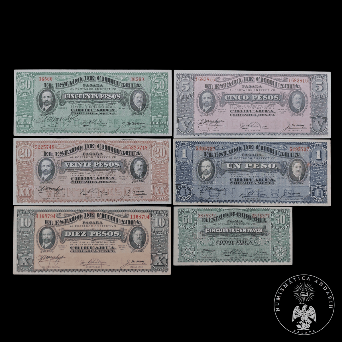 Colección Serie Completa Billetes de Chihuahua "Sábanas de Villa" (1914-1915) UNC / AU