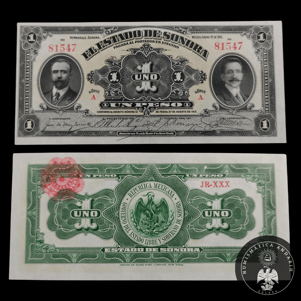 Billete 1 Peso del Estado de Sonora 1915 Sin Circular UNC