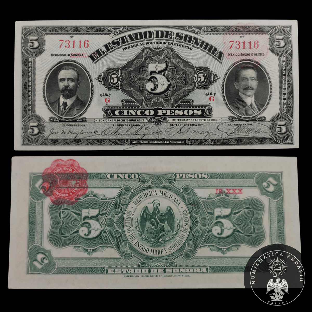 Billete 5 Pesos del Estado de Sonora 1915 Sin Circular UNC