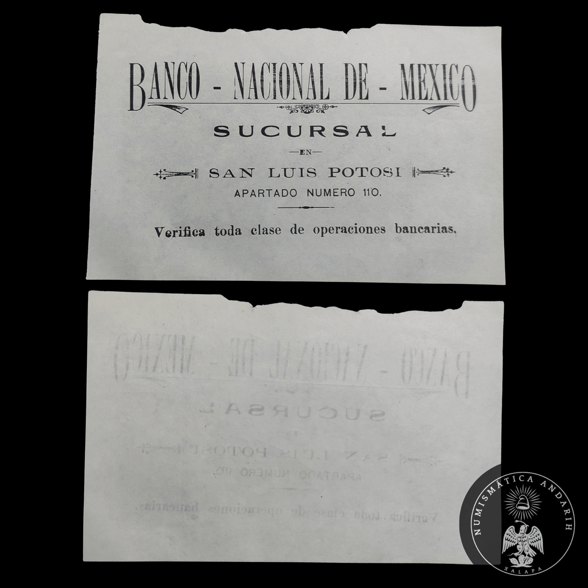 Tarjeta de Publicidad Comercial Banco Nacional de México Sucursal San Luis Potosí (Siglo XIX - Porfiriato)