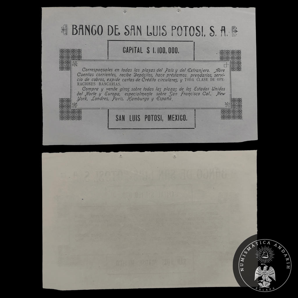 Tarjeta de Publicidad Comercial Banco de San Luis Potosí, S. A. (Siglo XIX - Porfiriato)