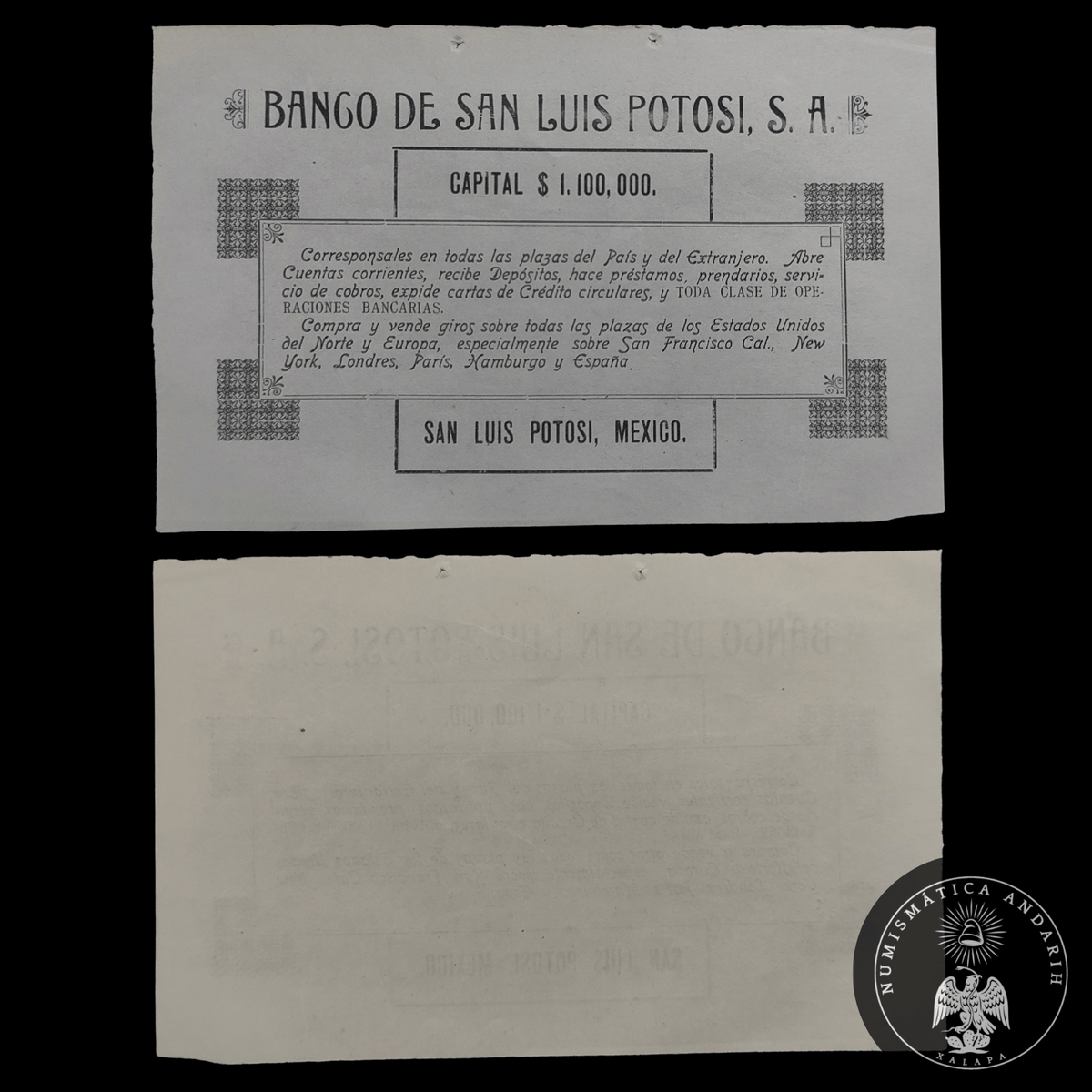Tarjeta de Publicidad Comercial Banco de San Luis Potosí, S. A. (Siglo XIX - Porfiriato)