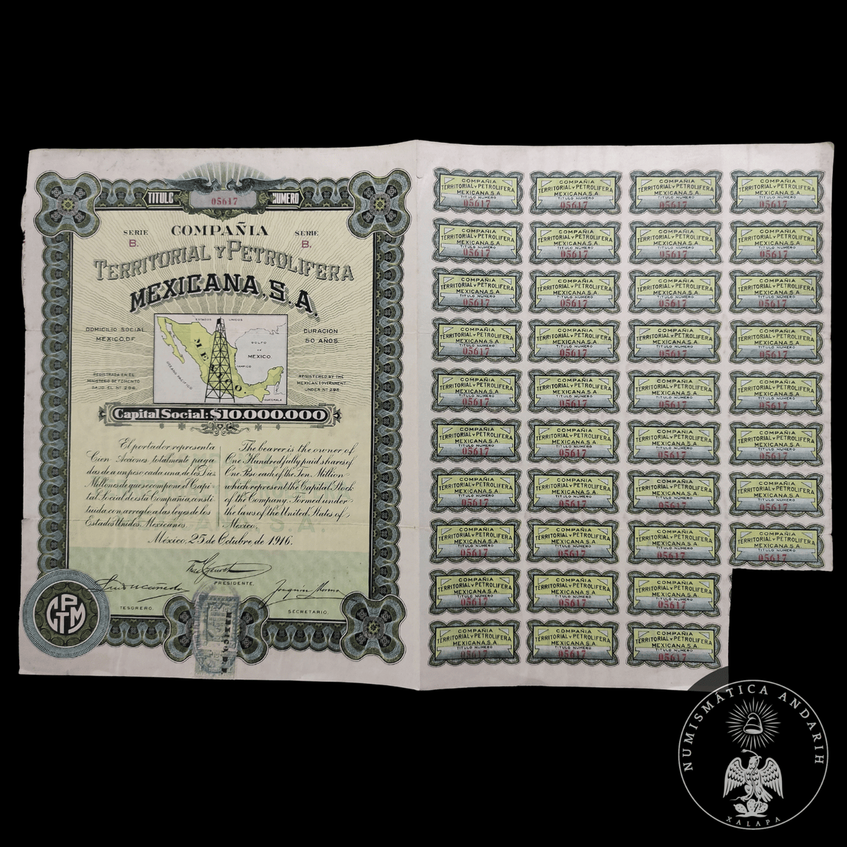Acción Antigua de la Compañía Territorial y Petrolifera Mexicana, S.A. año 1916