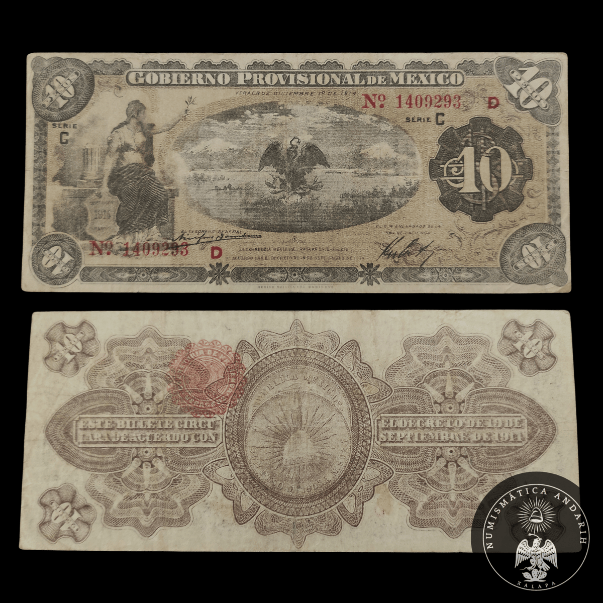 Billete Gobierno Provisional de México 10 Pesos Veracruz 1914