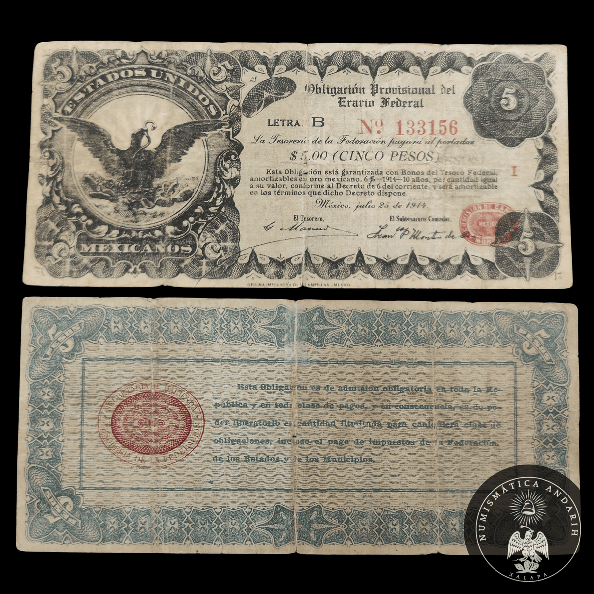 Billete Oblagacion Provisional del Erario Federal 5 Pesos Mexico 1914