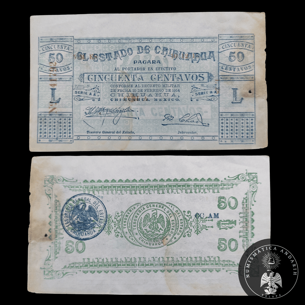 Billete 50 Centavos El Estado de Chihuahua 1914 Azul